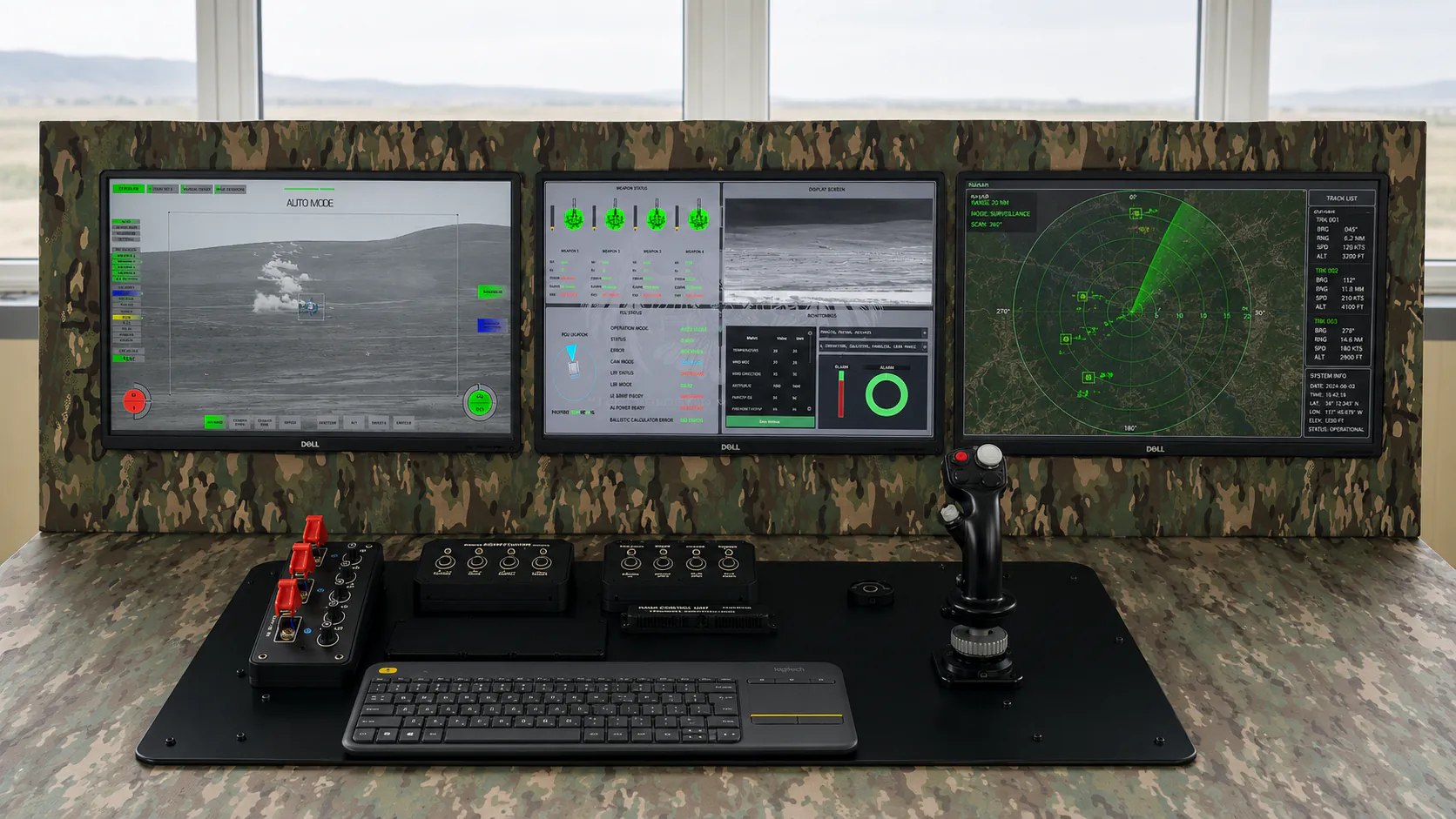 Operator console with multiple displays showing radar-related information.